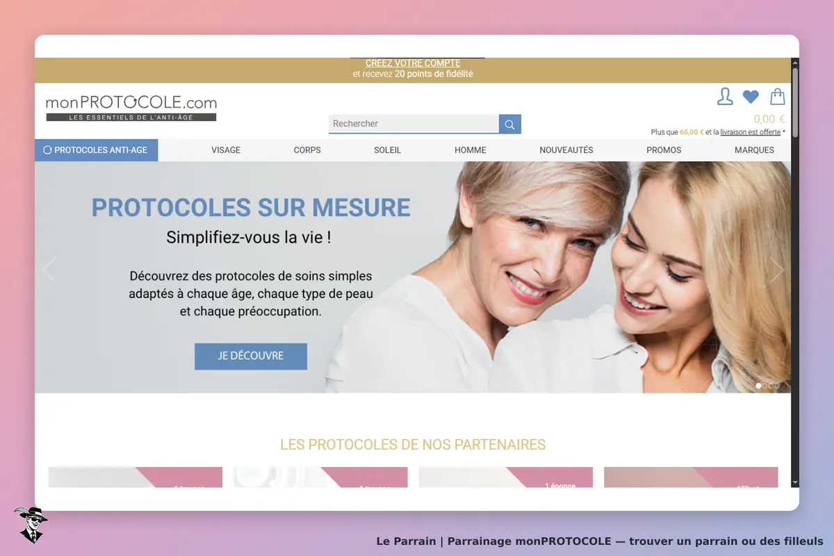 monPROTOCOLE : page d'accueil avec un message sur des protocoles de soins anti-âge