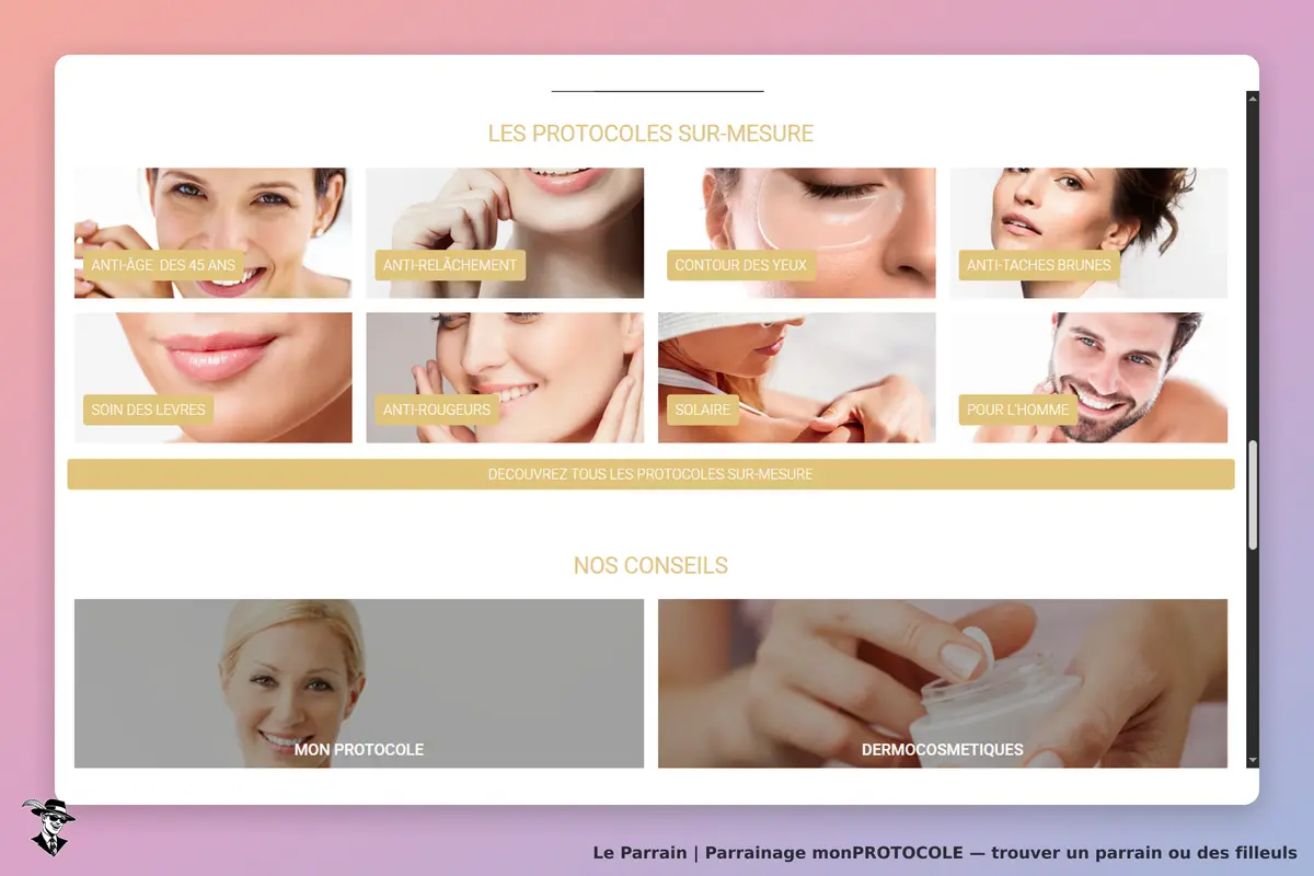 monPROTOCOLE : page d'accueil avec différents protocoles de soins et conseils visibles