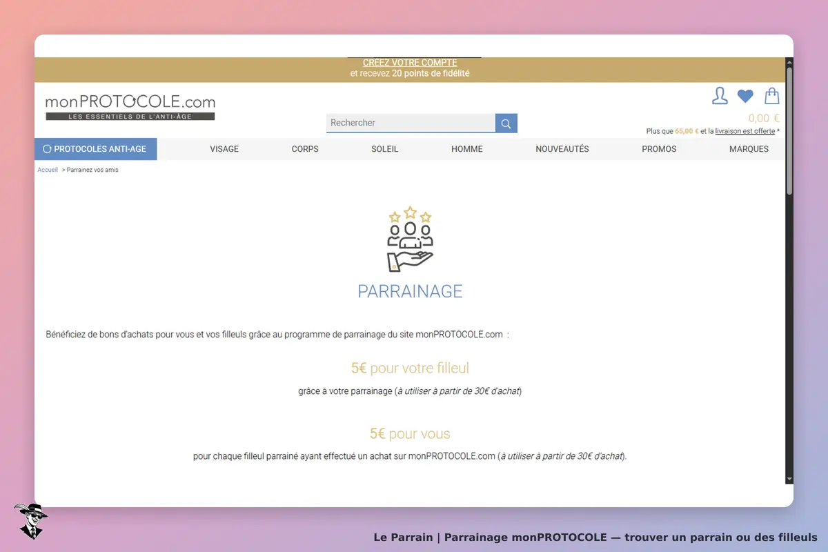monPROTOCOLE : page de parrainage avec informations sur les avantages pour le parrain et le filleul