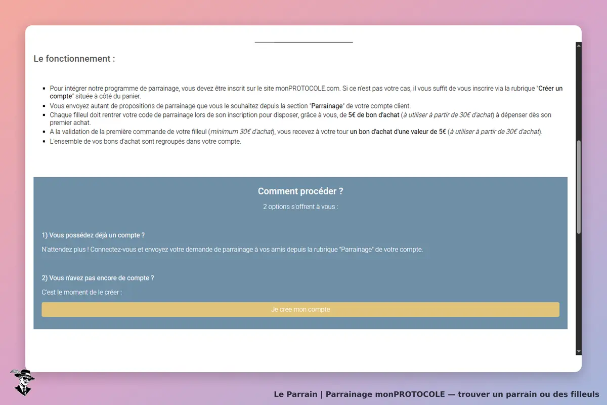 monPROTOCOLE : explication du programme de parrainage et options de connexion ou création de compte