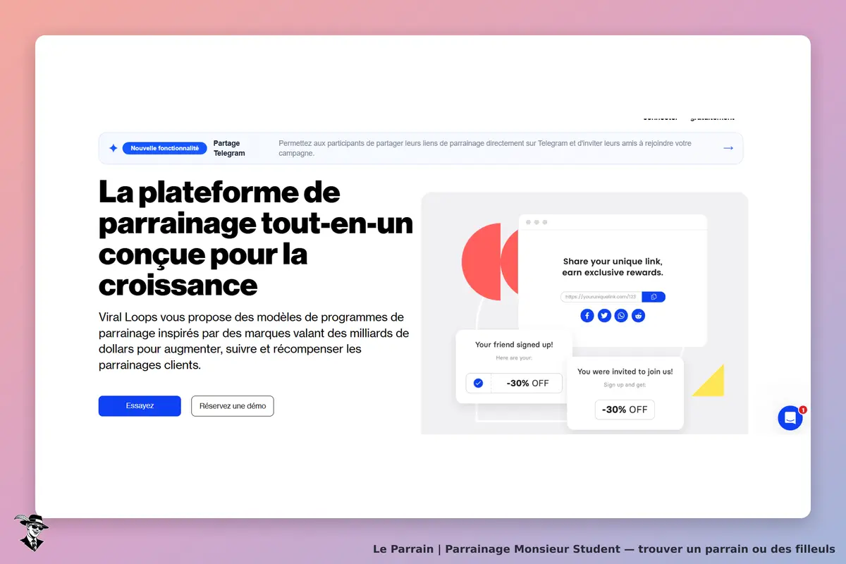 Monsieur Student : page d'accueil présentant une plateforme de parrainage avec des exemples visuels