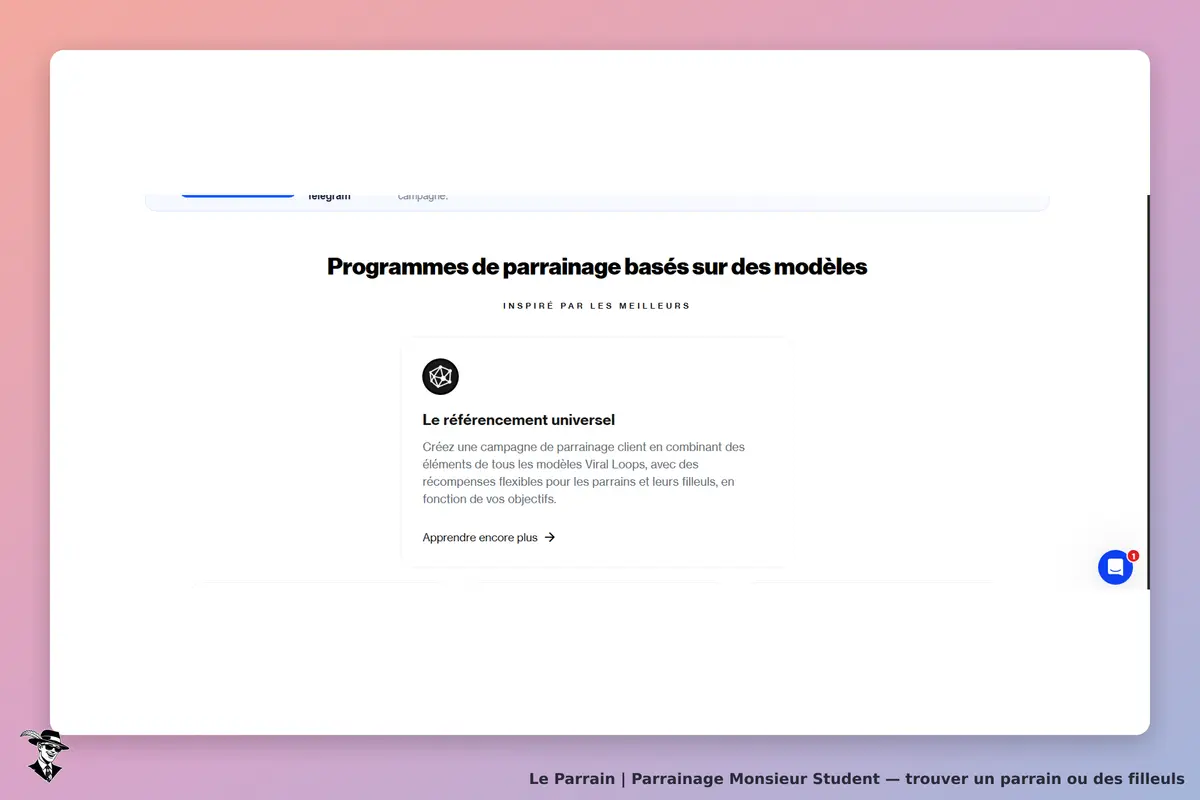 Monsieur Student : page d'accueil présentant des programmes de parrainage et un modèle spécifique