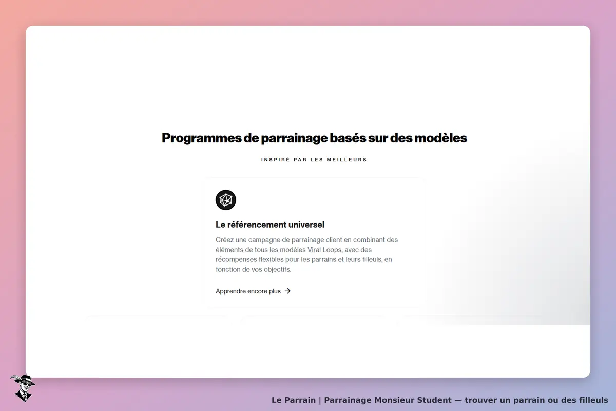 Monsieur Student : programmes de parrainage avec description et bouton d'apprentissage