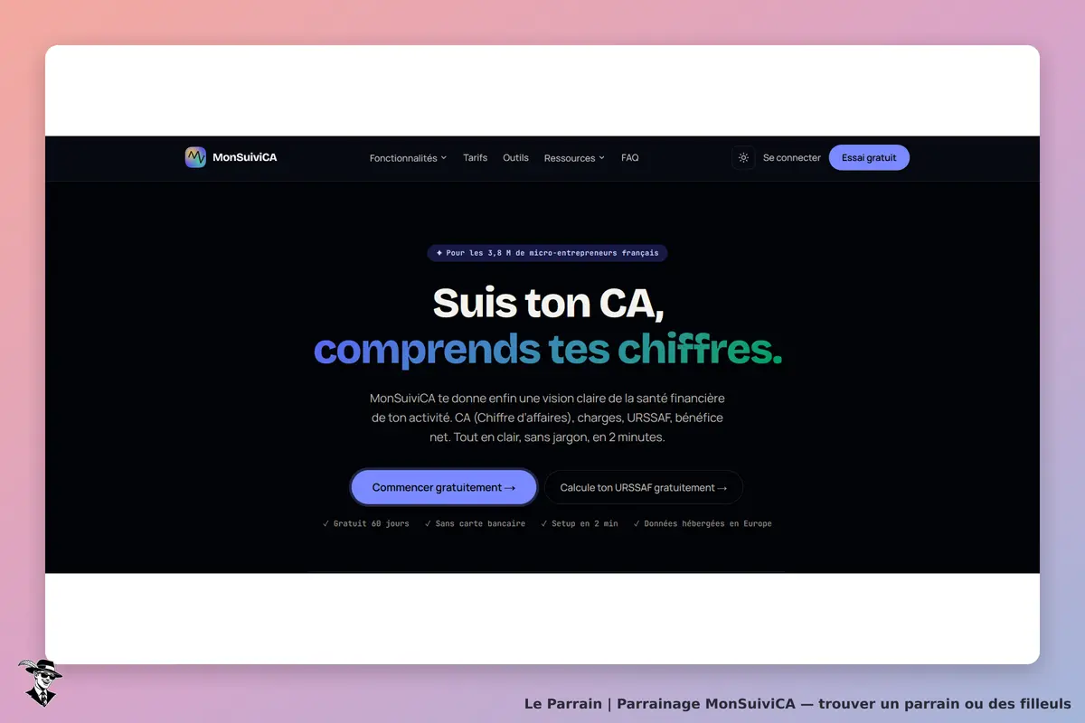 MonSuiviCA : page d'accueil avec slogan et bouton pour commencer un essai gratuit
