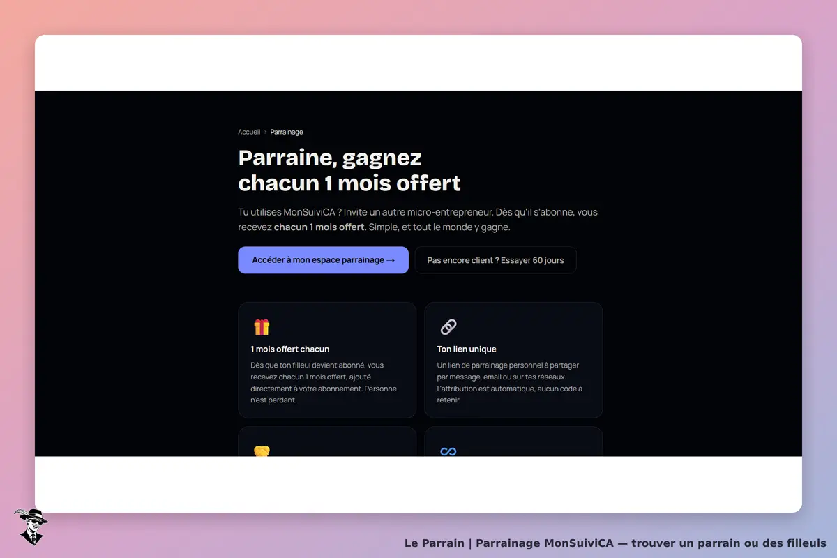 MonSuiviCA : page d'accueil avec informations sur le parrainage et bouton d'accès à l'espace