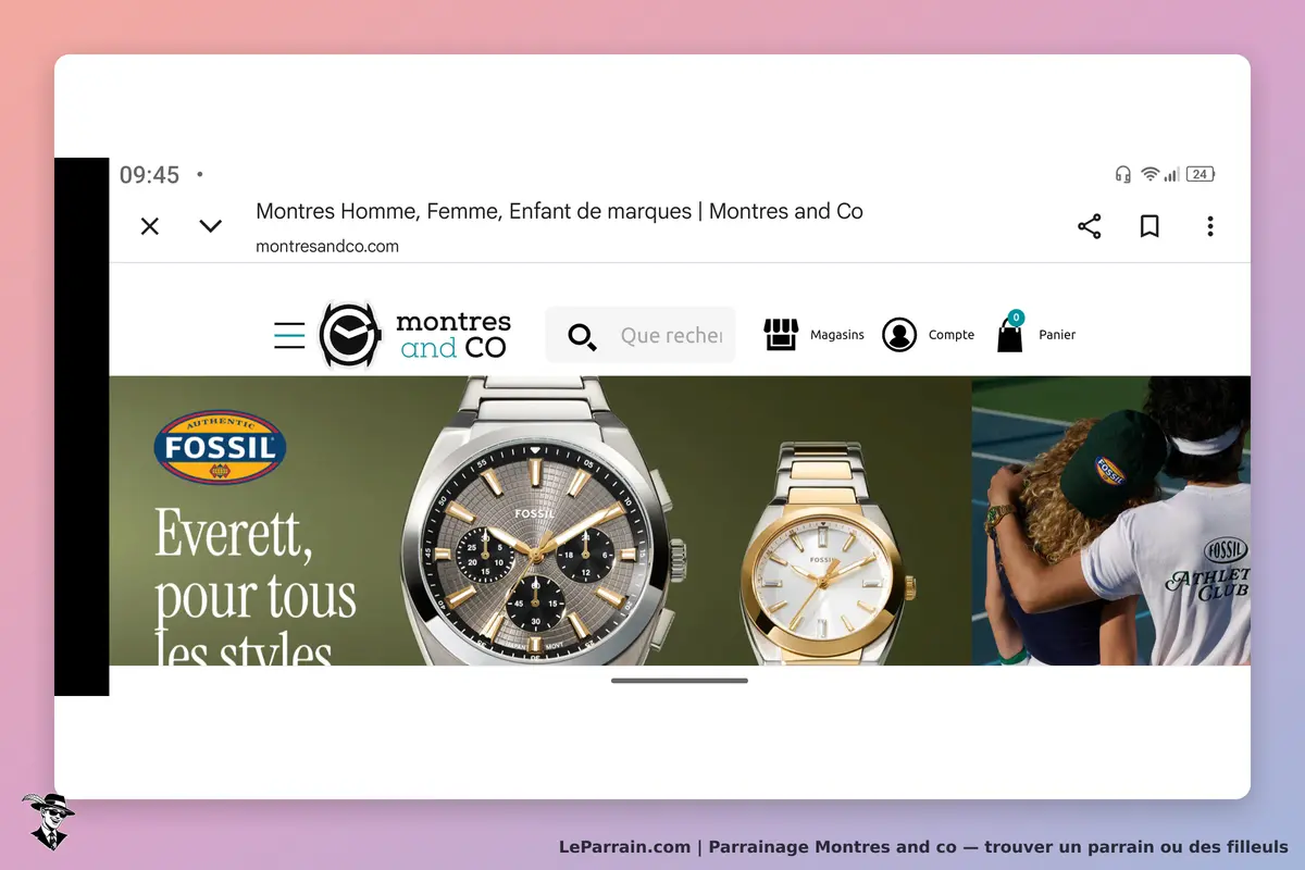 Montres and Co : page d'accueil avec montres Fossil et options de navigation en haut