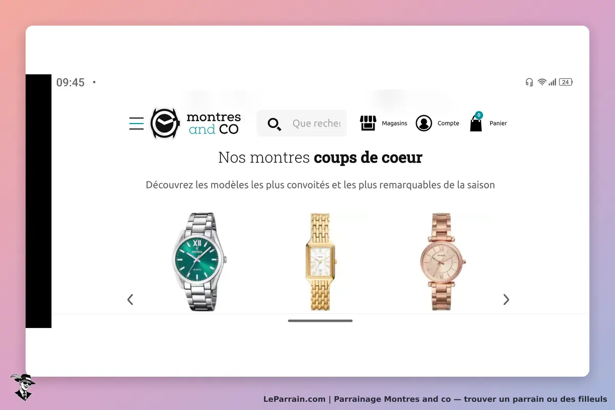 Montres and CO : page d'accueil avec trois montres en présentation et un texte descriptif