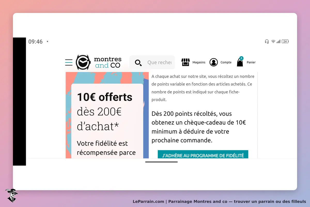 Montres and CO : page d'accueil avec informations sur le programme de fidélité et un bouton