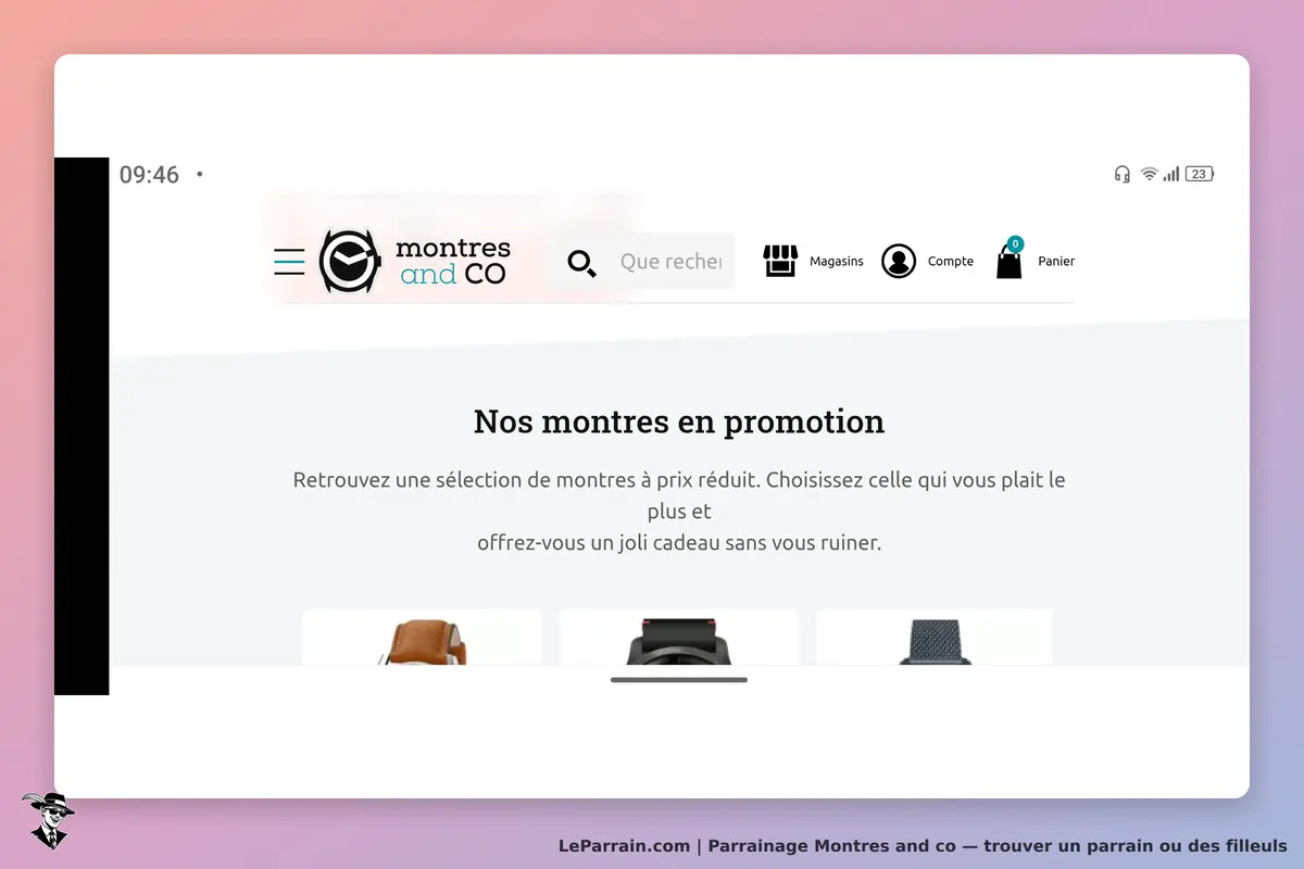 Montres and CO : page d'accueil avec sélection de montres en promotion et options de navigation