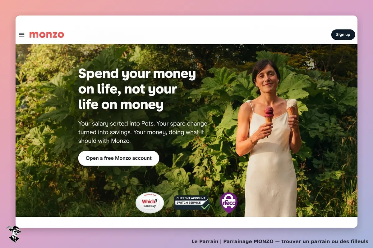 monzo : page d'accueil avec une femme tenant deux cornets de glace devant des plantes verdoyantes
