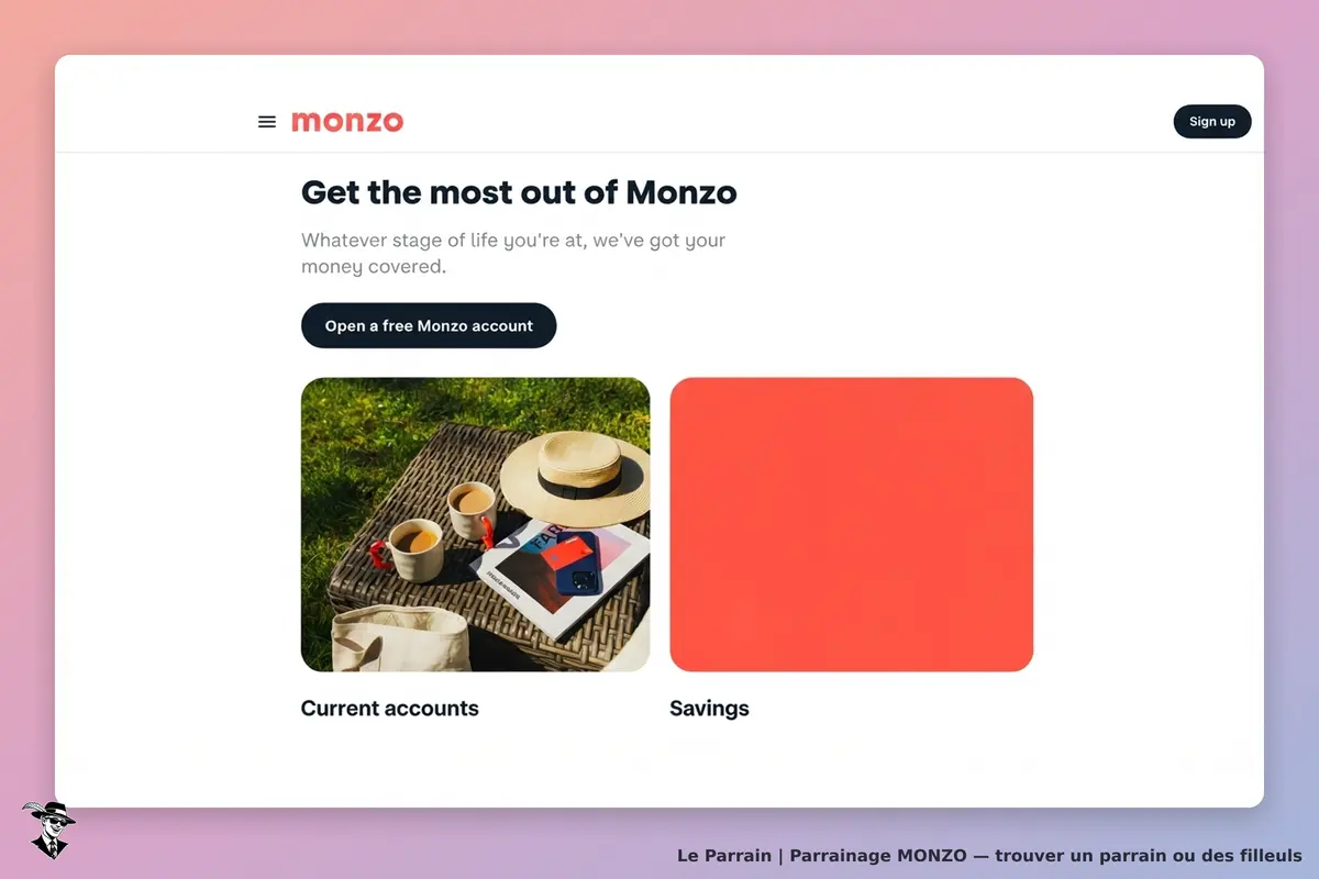 MONZO : page d'accueil présentant des comptes courants et des options d'épargne