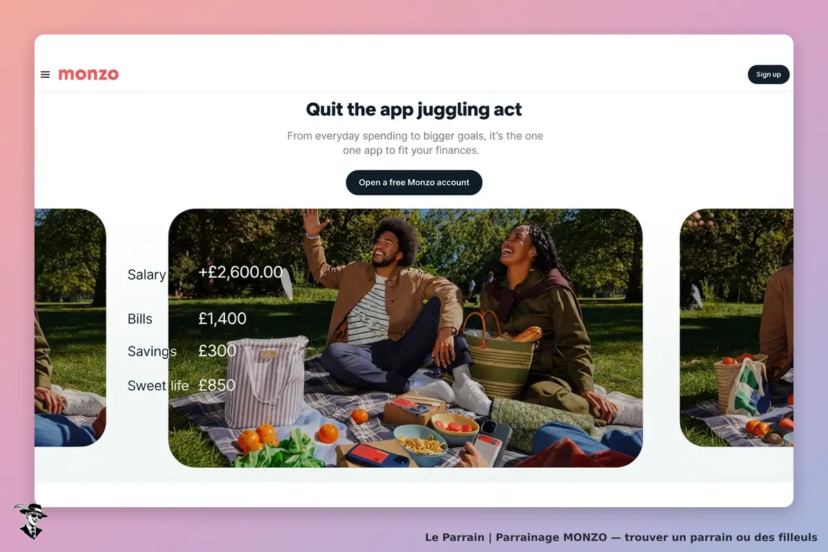Monzo : page d'accueil avec un groupe d'amis pique-niquant et des informations financières