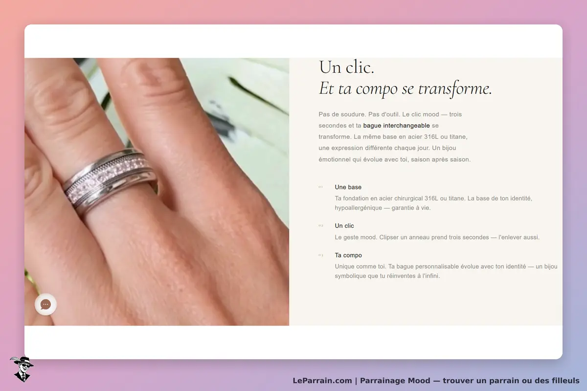 Mood : une main portant une bague interchangeable avec un fond flou. Texte explicatif à droite