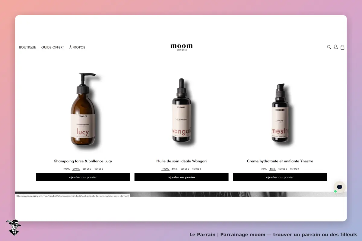 moom : page d'accueil avec trois produits de soin affichés et options d'ajout au panier