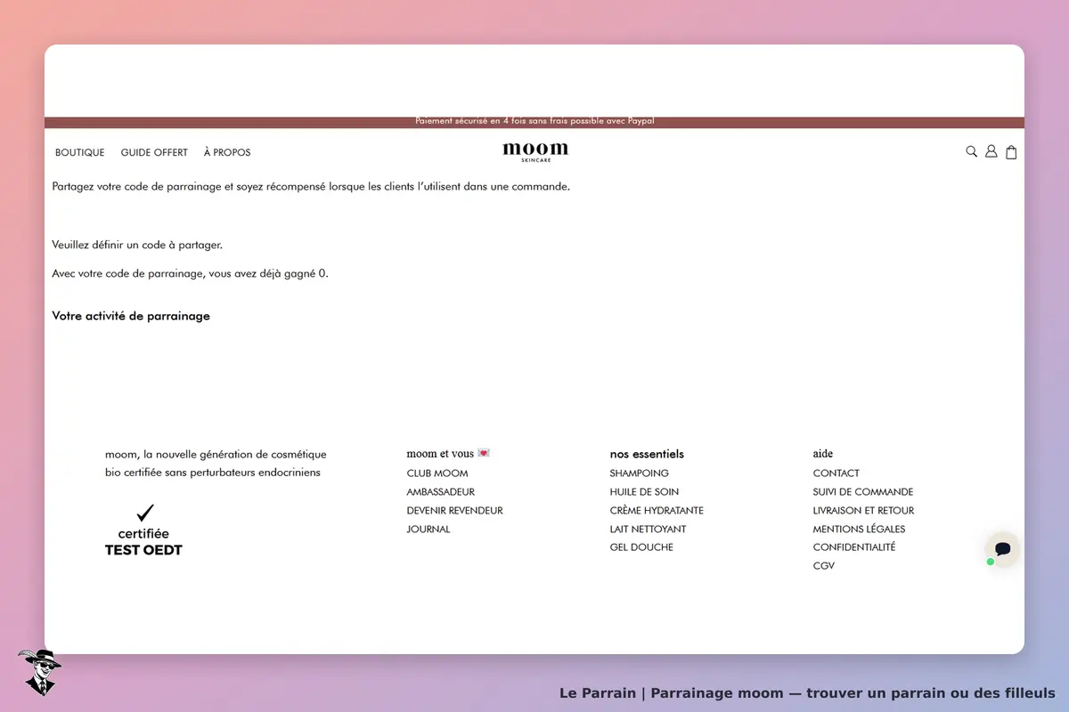 moom : page d'accueil avec informations sur le parrainage et liste de produits essentiels