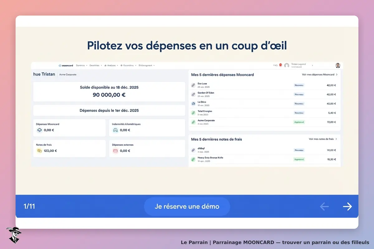 MOONCARD : tableau de gestion des dépenses avec solde et dernières transactions affichées