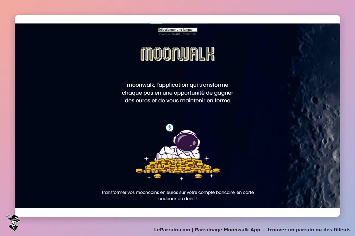 Moonwalk App : moonwalk : page d'accueil présentant l'application avec un astronaute et des pièces