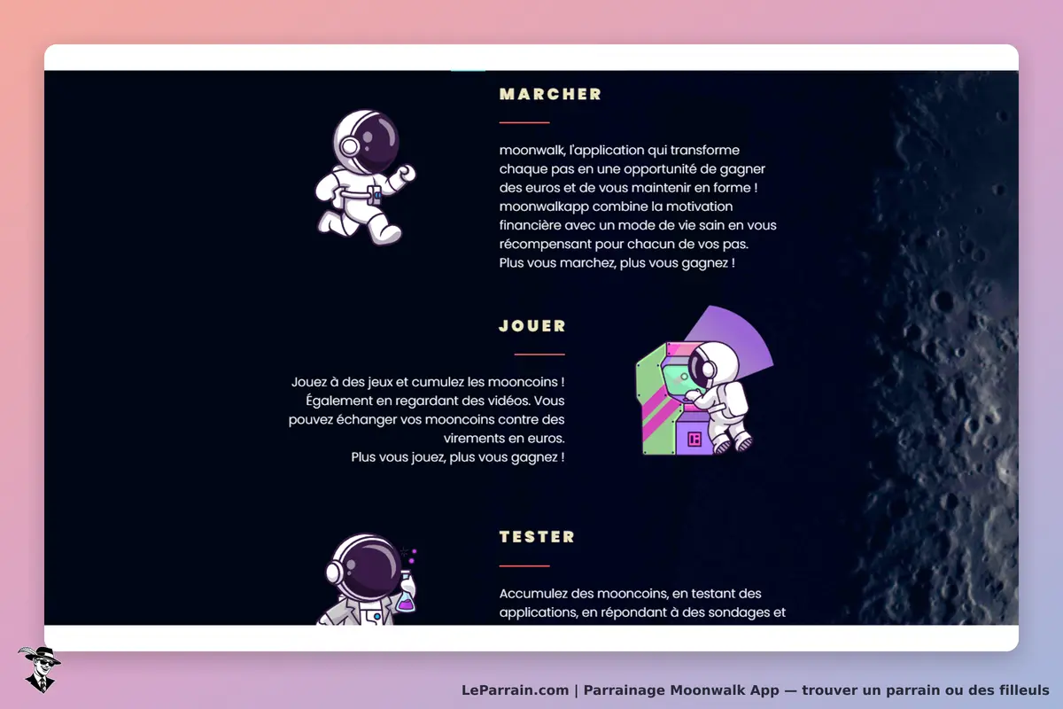 Moonwalk App : trois sections illustrées sur marcher, jouer et tester avec des astronautes