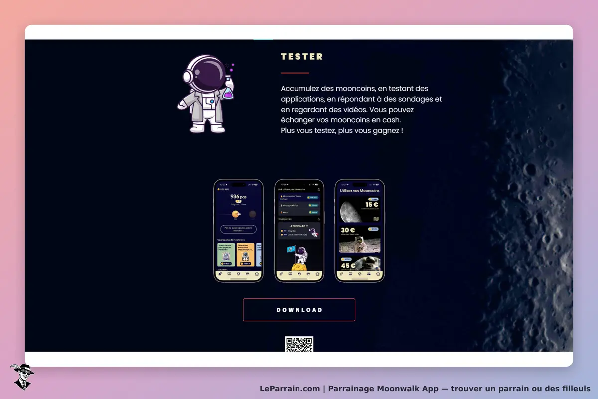 Moonwalk App : page d'accueil avec un personnage d'astronaute et des captures d'écran d'application