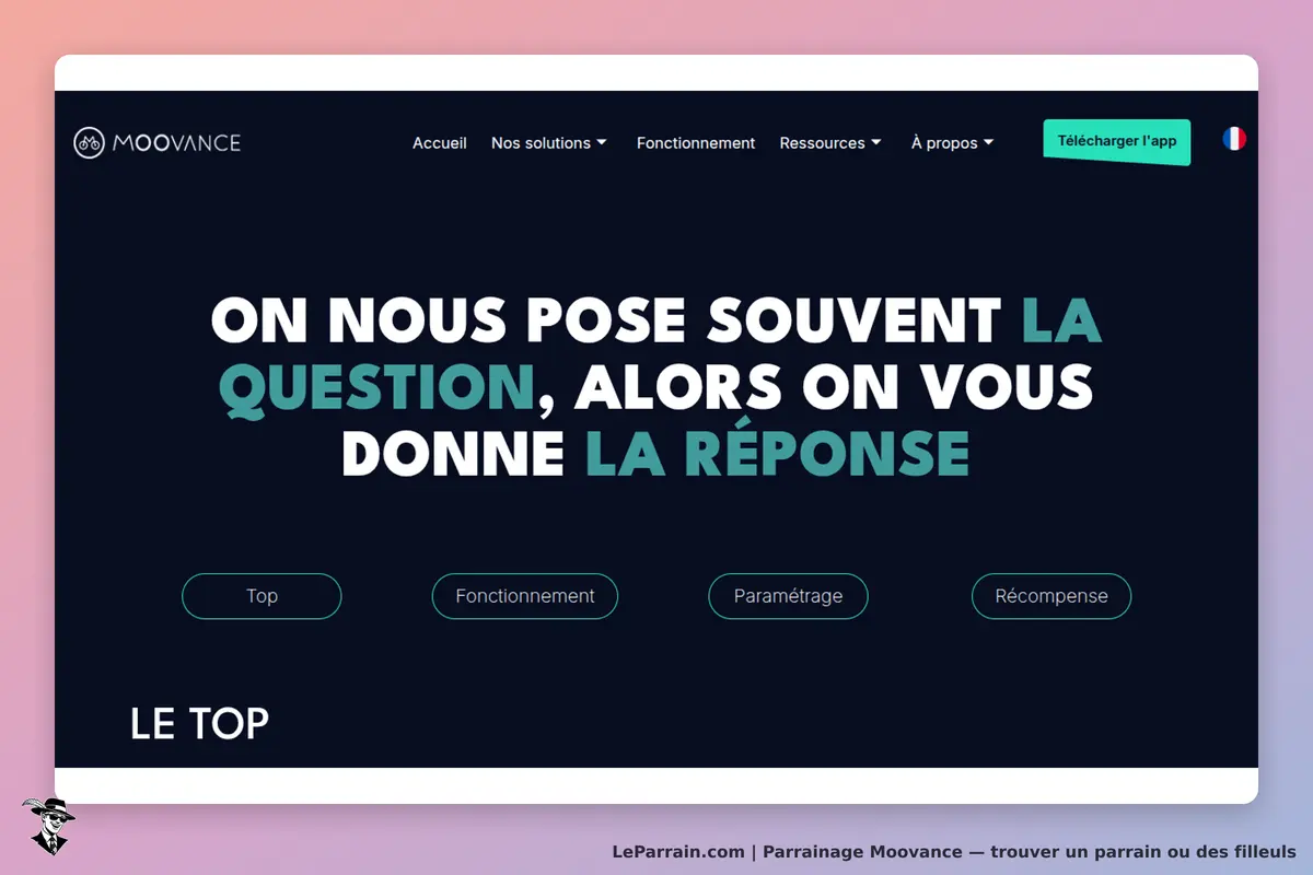 Moovance : page d'accueil avec un message sur les questions fréquentes et des boutons de navigation