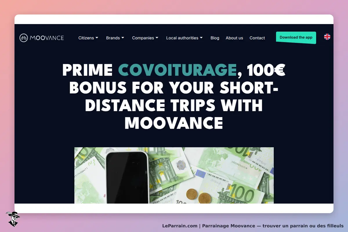 Moovance : page d'accueil avec un smartphone sur des billets de banque et un texte promotionnel