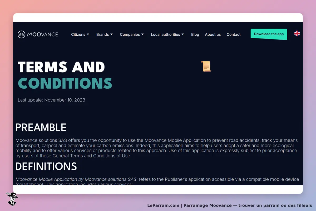 Moovance : page des conditions générales avec le titre et des sections de texte explicatif