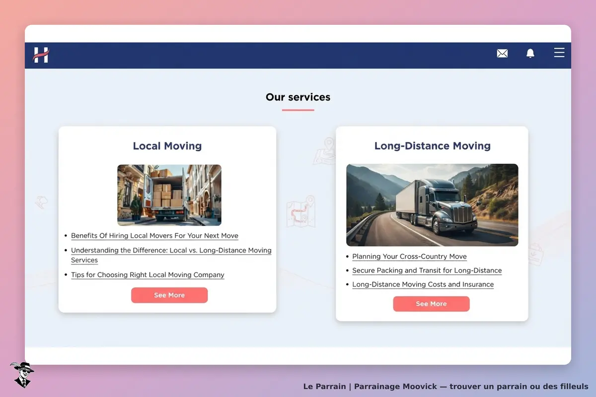 Moovick : section des services avec déménagement local et à longue distance, images et descriptions