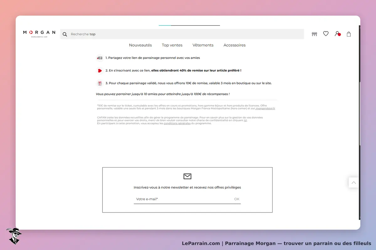 Morgan : page d'accueil avec informations sur le parrainage et inscription à la newsletter