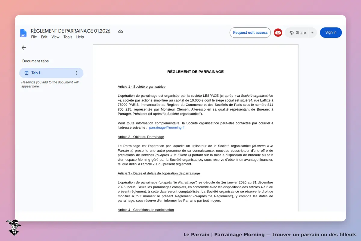 Morning : règlement de parrainage affiché sur un document texte, articles et informations visibles