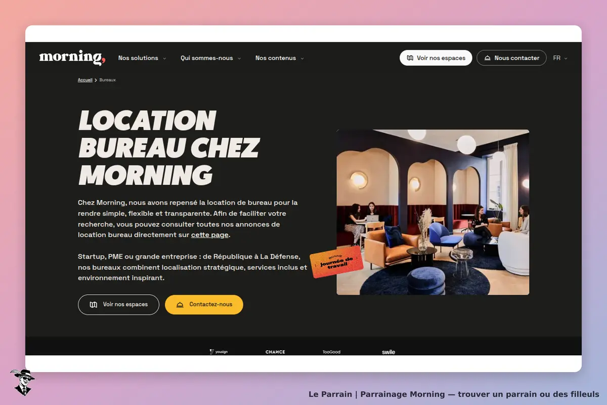 Morning : page d'accueil sur la location de bureaux avec un espace de travail moderne