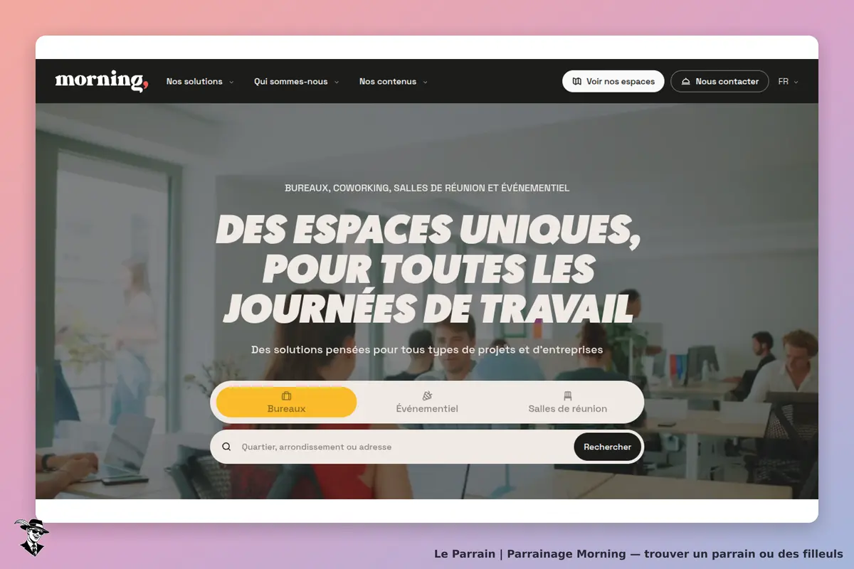 morning : page d'accueil présentant des espaces de travail uniques et un formulaire de recherche