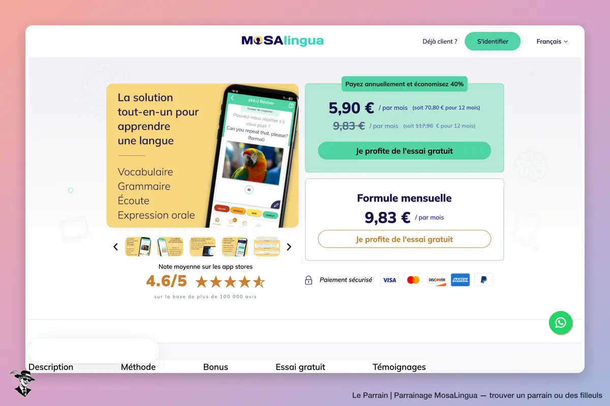 Page d'accueil de MosaLingua