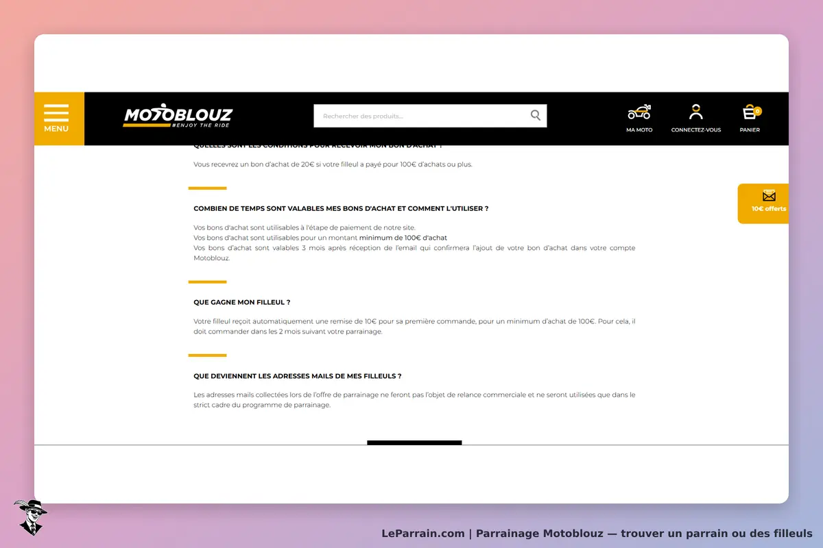 Motoblouz : section FAQ du site avec des questions sur le programme de parrainage