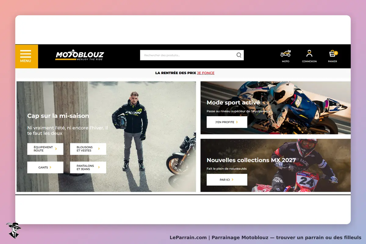 Motoblouz : page d'accueil avec un homme en tenue de moto et des sections produits visibles