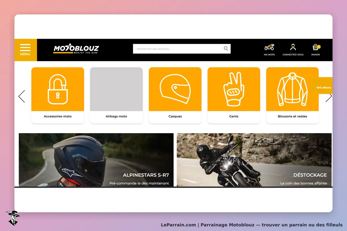 Motoblouz : page d'accueil avec catégories d'équipements et images de motos