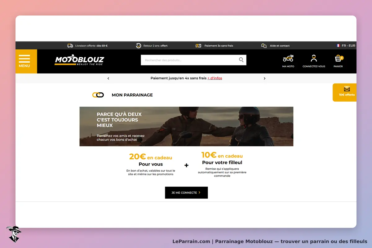 Motoblouz : page d'accueil avec section de parrainage et visuel de motards