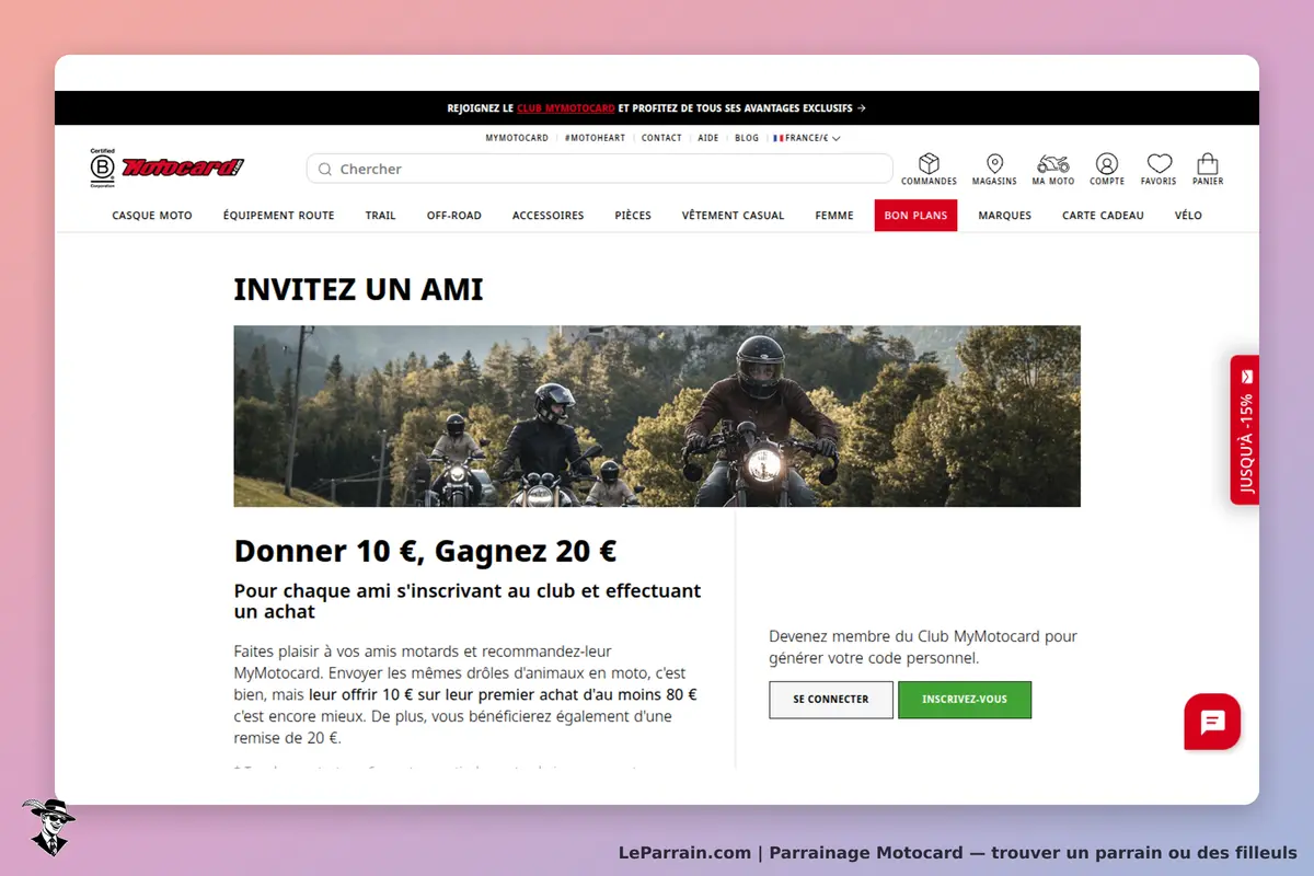 Motocard : page d'accueil avec invitation à inviter un ami et image de motards sur des motos