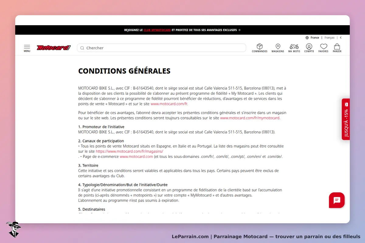 Motocard : conditions générales du programme de fidélité affichées sur la page d'accueil