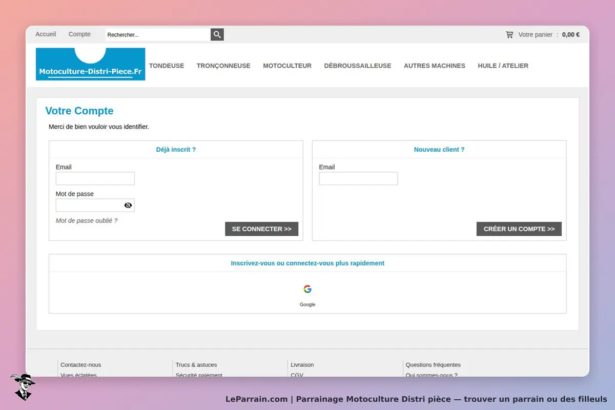 Motoculture Distri pièce : page de connexion avec champs pour email et mot de passe
