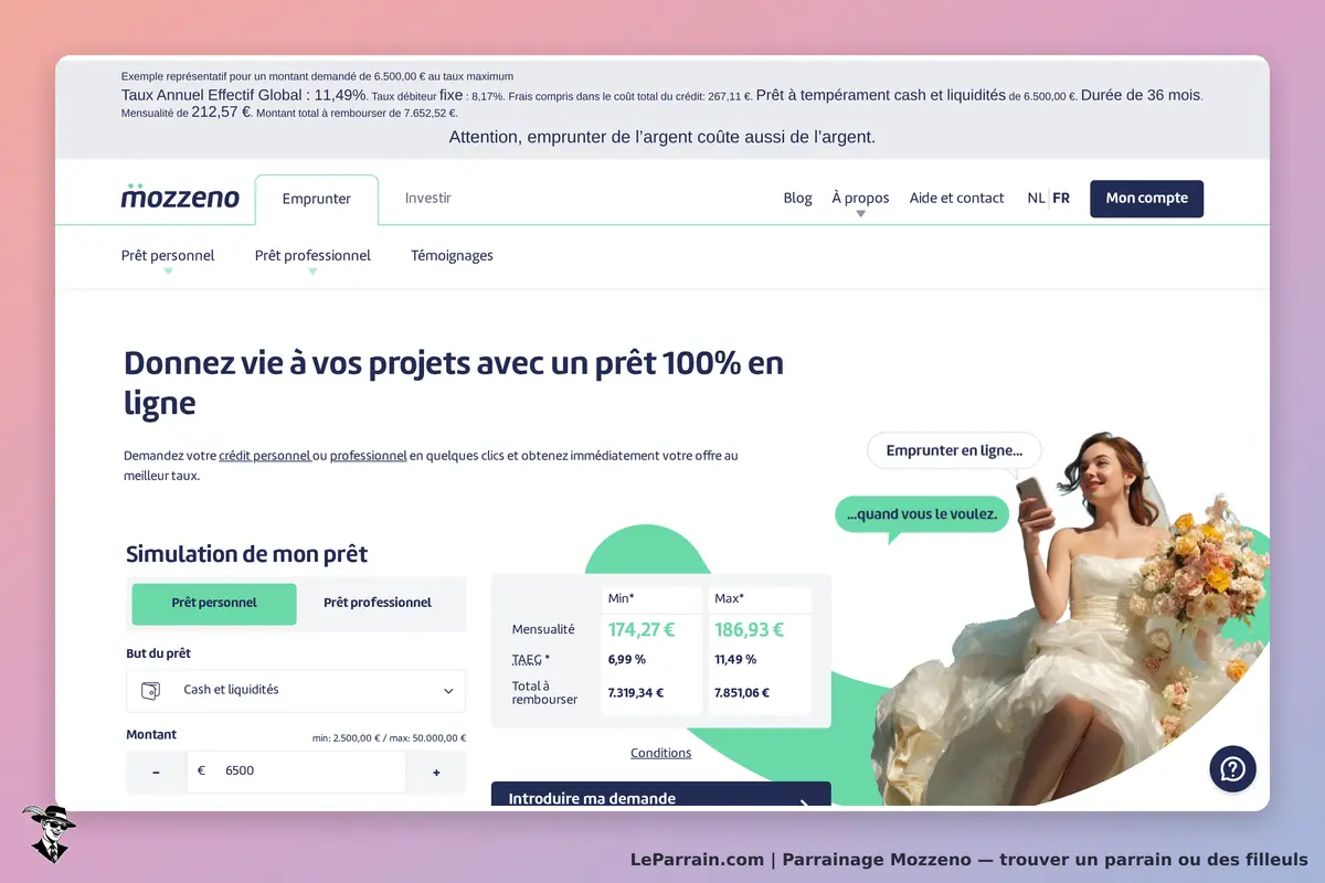 Mozzeno : page d'accueil avec simulation de prêt et image d'une femme en robe de mariée