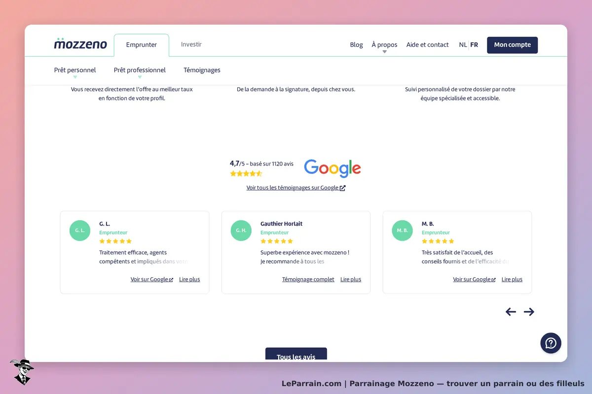 Mozzeno : page d'accueil avec témoignages d'emprunteurs et notation de 4,7/5 sur Google