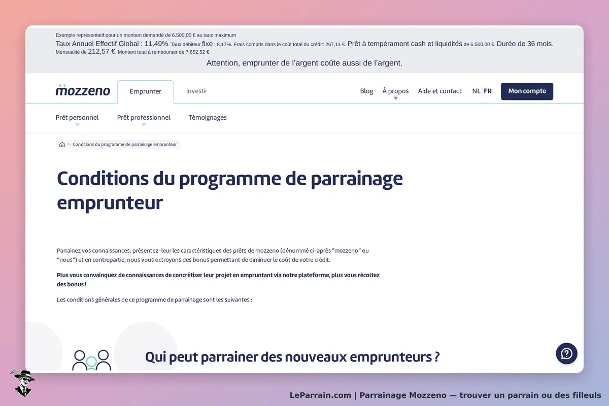Mozzeno : page des conditions du programme de parrainage emprunteur avec explications