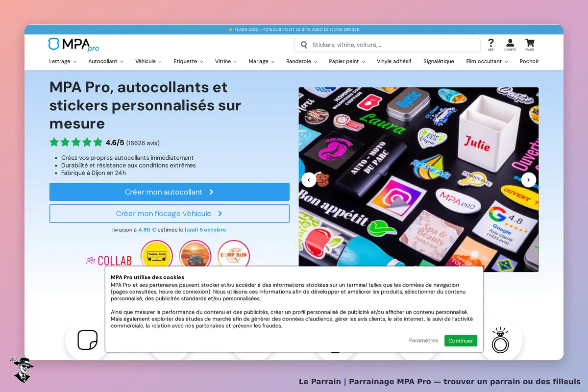 MPA Pro : page d'accueil avec autocollants personnalisés et options de création