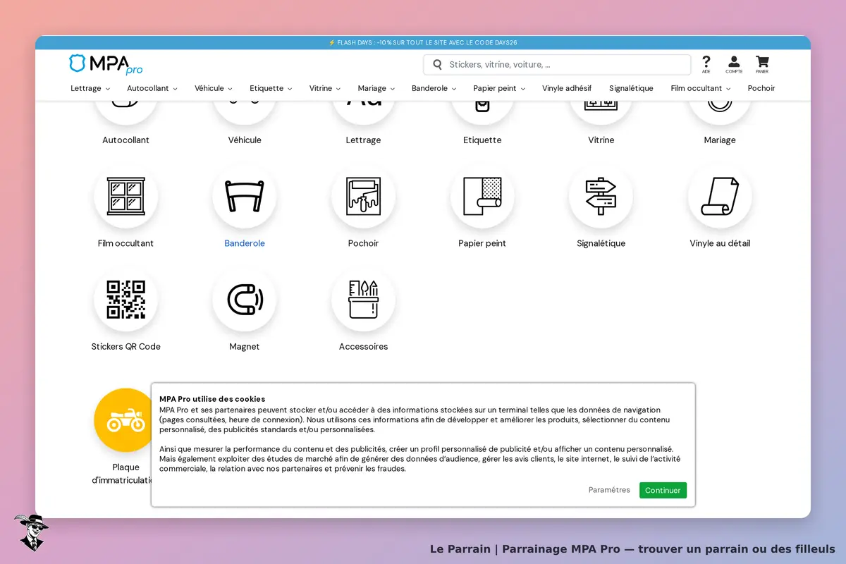 MPA Pro : page d'accueil avec des icônes de produits et une notification sur les cookies
