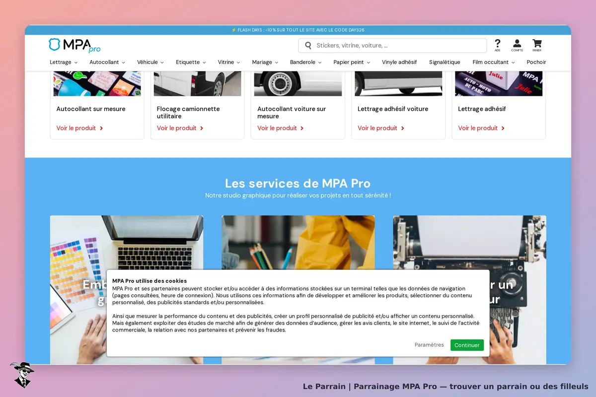 MPA Pro : page d'accueil présentant divers services graphiques et un bandeau d'information