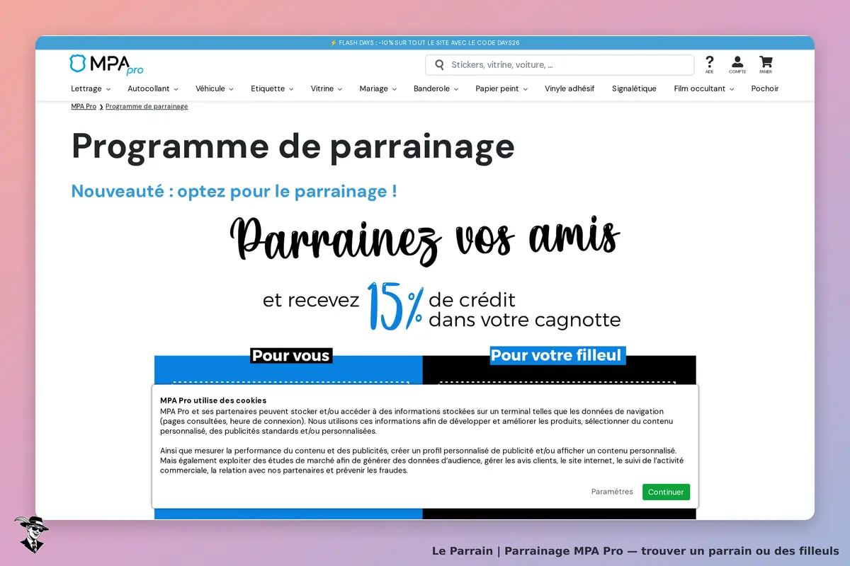 MPA Pro : page d'accueil du programme de parrainage avec informations et options de cookies