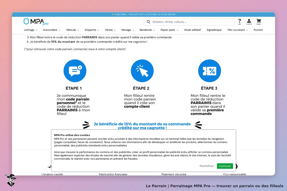 MPA Pro : étapes de parrainage avec codes et message sur l'utilisation des cookies