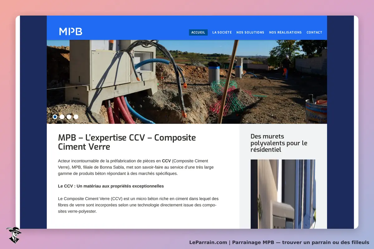 MPB : page d'accueil présentant des équipements et des informations sur le composite ciment verre
