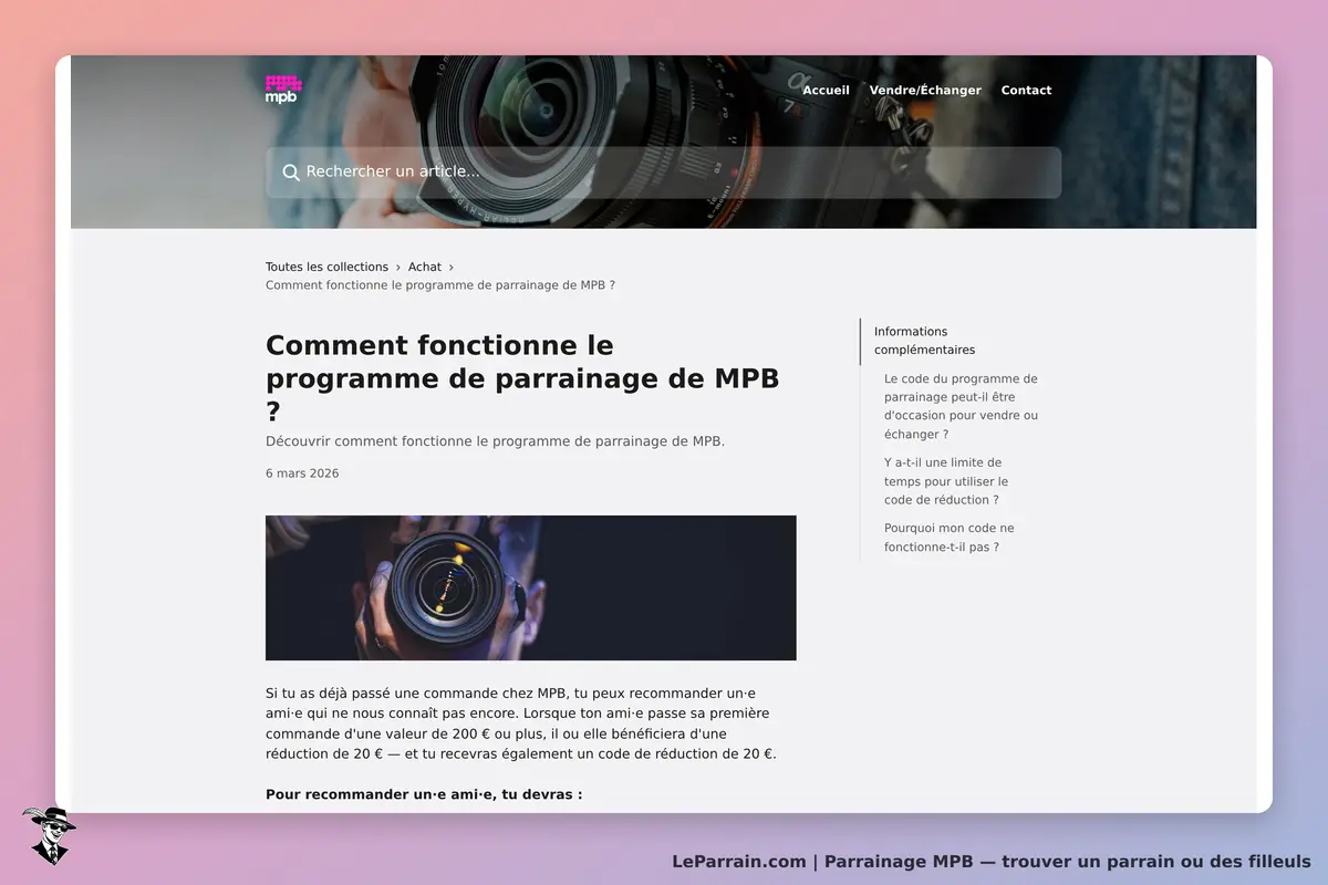 MPB : page expliquant le fonctionnement du programme de parrainage avec une image de caméra