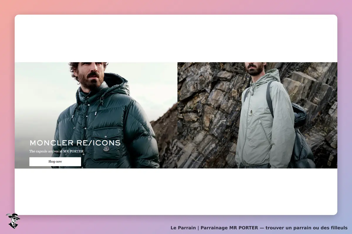 MR PORTER : deux hommes portant des vestes Moncler sur fond rocheux. Texte promotionnel en bas